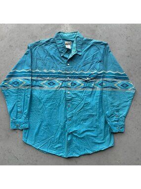 Vintage 90s Striped Aztec Pearl Snap Western Shirt Cowboy Rodeo Blue Casual
